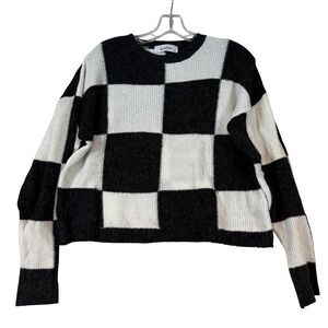 Y2k Retro Womens Black White Checkered Crewneck Sweater •L• Fuzzy E-Girl Indie